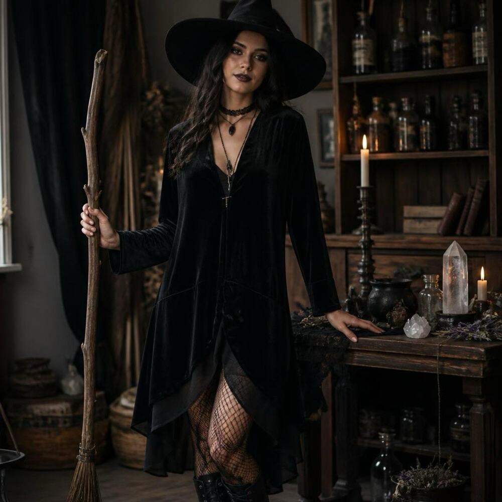 Women S Velvet Duster Cardigan Black Ruffle Regency Renaissance Witch Gothic New